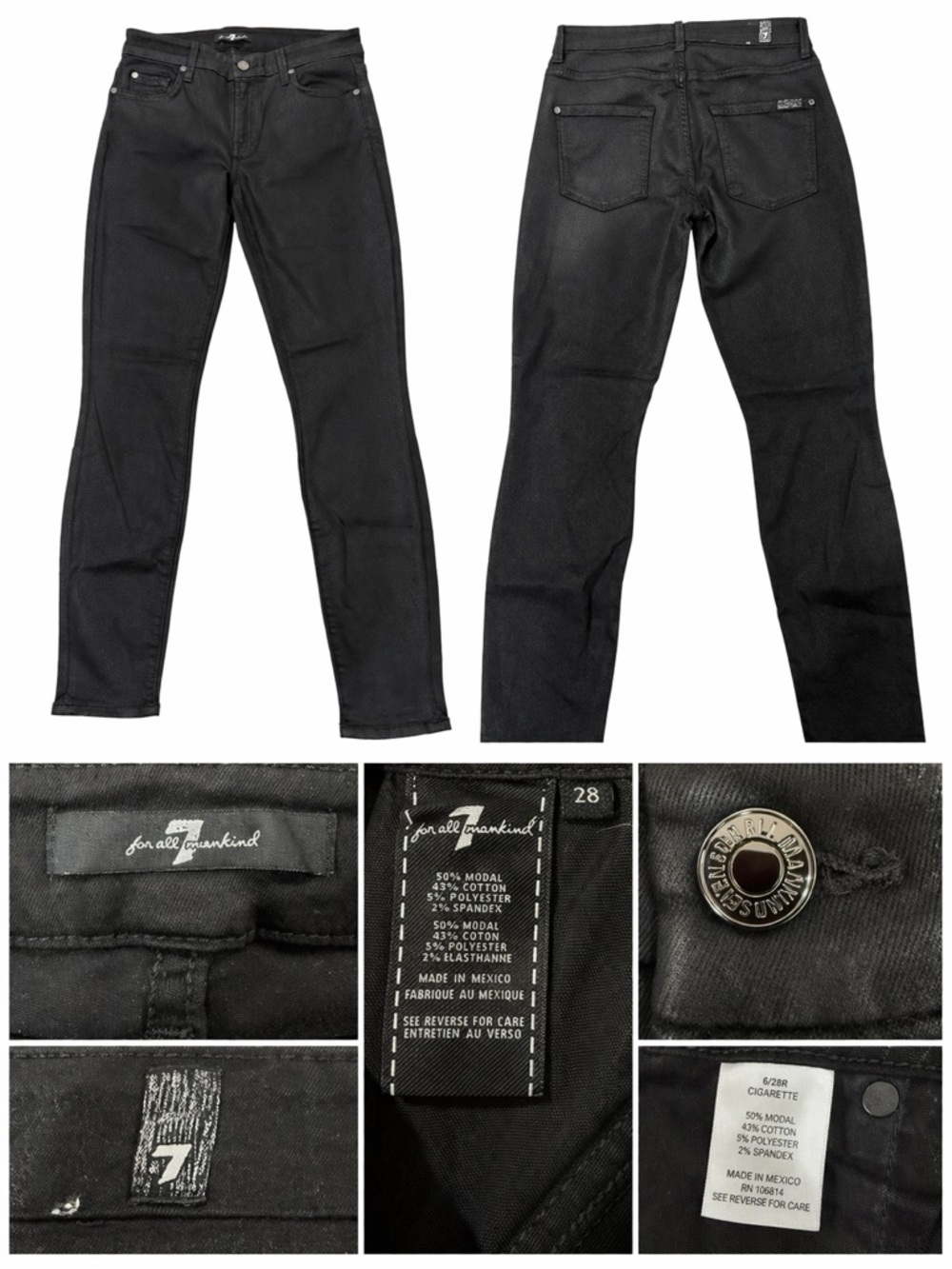7 For All Mankind Black Coated Skinny Jeans Size 28 Mid Rise Stretch Denim